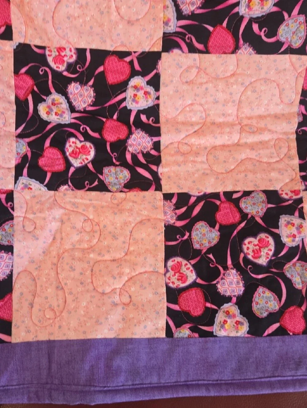 Handmade Patchwork Quilt in Pink and Purple With Butterflies On Reverse Side